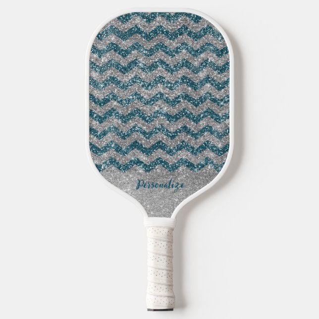 Elegant  Blue Silver Glitter Chevron Zig Zag Pickleball Paddle (Front)