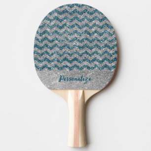 Elegant Blue Silver Glitter Chevron Zig Zag Ping Pong Paddle
