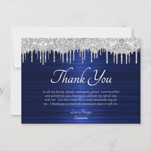 Elegant Blue Silver Glitter Drip Birthday Thank You Card (Front)