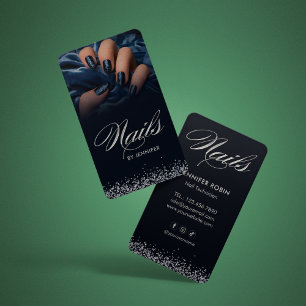 Elegant Blue & Silver Glitter Nail Salon Business  Card