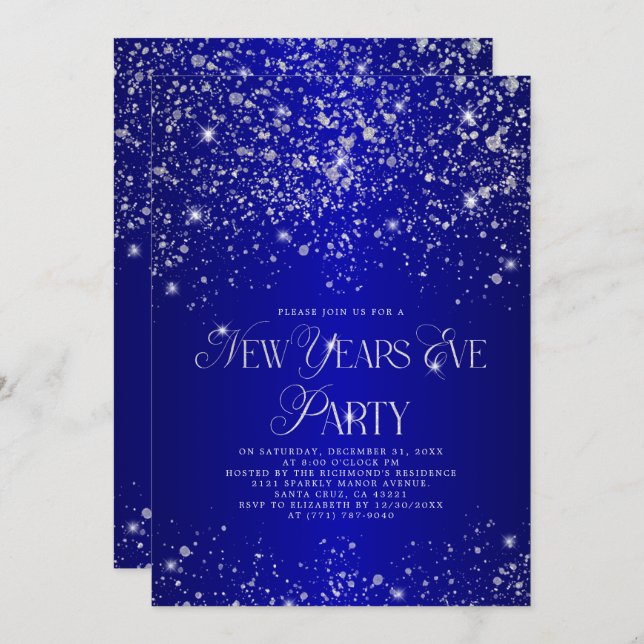 Elegant Blue Silver Glitter New Years Eve Party Invitation (Front/Back)