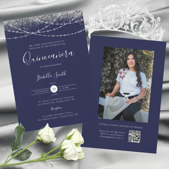 Elegant Blue Silver Glitter Photo Quinceanera Invitation (Creator Uploaded)