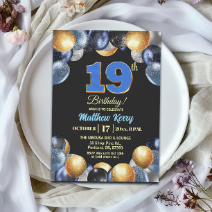 Elegant Blue Silver Gold 19th Birthday Party Invitation