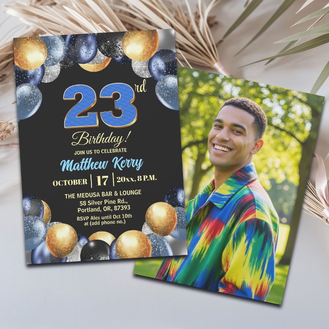 Elegant Blue Silver Gold 23rd Birthday Photo Invitation (Creator Uploaded)