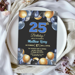 Elegant Blue Silver Gold 25th Birthday Party Invitation