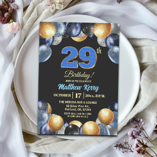 Elegant Blue Silver Gold 29th Birthday Party Invitation