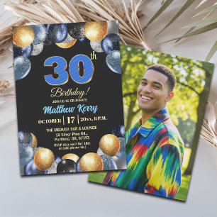 Elegant Blue Silver Gold 30th Birthday Photo Invitation