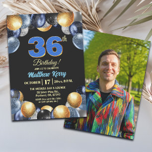Elegant Blue Silver Gold 36th Birthday Photo Invitation
