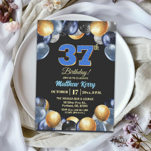 Elegant Blue Silver Gold 37th Birthday Party Invitation