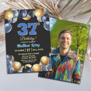 Elegant Blue Silver Gold 37th Birthday Photo Invitation