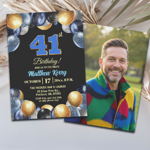 Elegant Blue Silver Gold 41st Birthday Photo Invitation