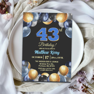 Elegant Blue Silver Gold 43rd Birthday Party Invitation