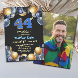 Elegant Blue Silver Gold 44th Birthday Photo Invitation