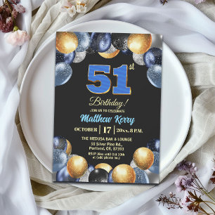 Elegant Blue Silver Gold 51st Birthday Party Invitation