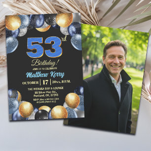 Elegant Blue Silver Gold 53rd Birthday Photo Invitation