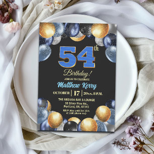 Elegant Blue Silver Gold 54th Birthday Party Invitation