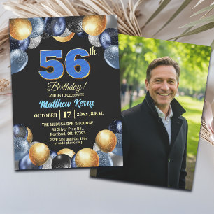 Elegant Blue Silver Gold 56th Birthday Photo Invitation