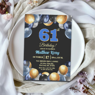Elegant Blue Silver Gold 61st Birthday Party Invitation