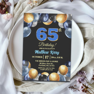 Elegant Blue Silver Gold 65th Birthday Party Invitation