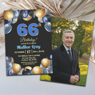 Elegant Blue Silver Gold 66th Birthday Photo Invitation