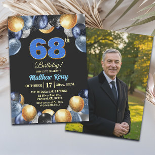 Elegant Blue Silver Gold 68th Birthday Photo Invitation