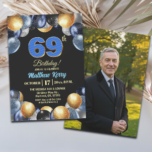 Elegant Blue Silver Gold 69th Birthday Photo Invitation