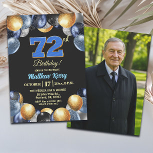 Elegant Blue Silver Gold 72nd Birthday Photo Invitation