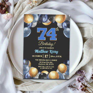 Elegant Blue Silver Gold 74th Birthday Party Invitation