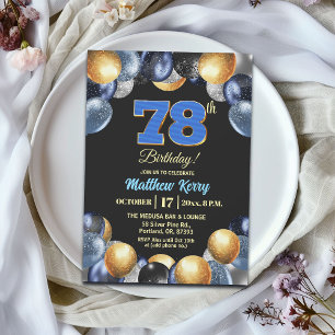 Elegant Blue Silver Gold 78th Birthday Party Invitation