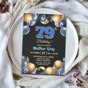 Elegant Blue Silver Gold 79th Birthday Party Invitation