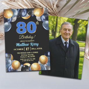 Elegant Blue Silver Gold 80th Birthday Photo Invitation