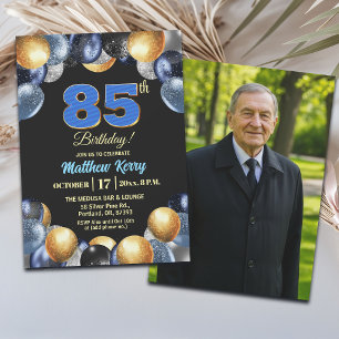 Elegant Blue Silver Gold 85th Birthday Photo  Invitation