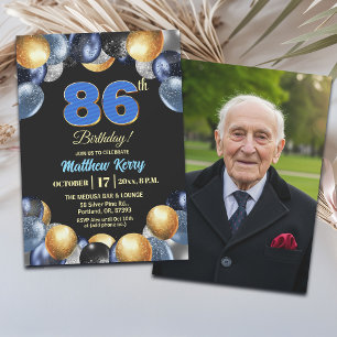 Elegant Blue Silver Gold 86th Birthday Photo  Invitation