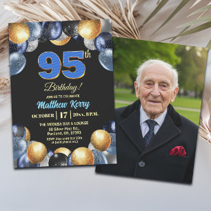 Elegant Blue Silver Gold 95th Birthday Photo  Invitation