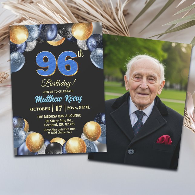 Elegant Blue Silver Gold 96th Birthday Photo  Invitation (Creator Uploaded)
