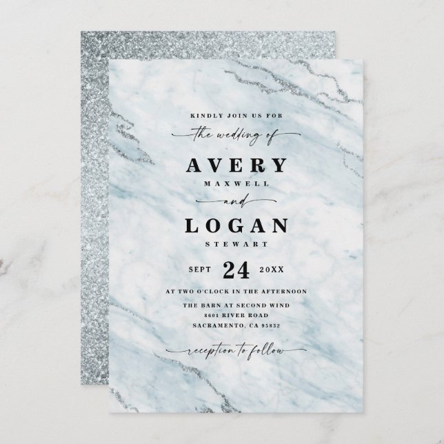 Elegant Blue & Silver Marble & Glitter Wedding Invitation (Front/Back)