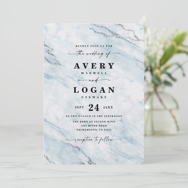 Elegant Blue & Silver Metallic Marble Wedding Invitation (Standing Front)