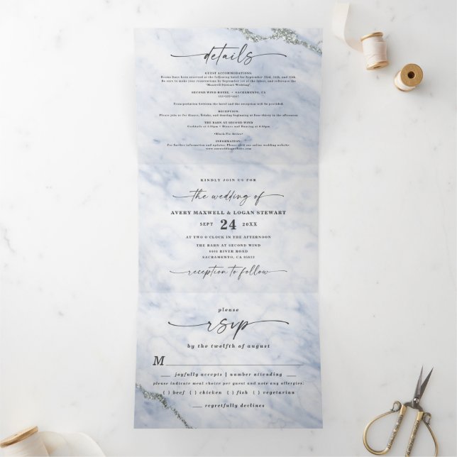 Elegant Blue & Silver Metallic Marble Wedding Tri-Fold Invitation (Inside)