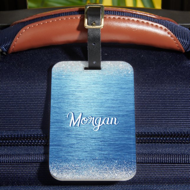 Elegant Blue Silver Modern Personalised Luggage Tag (Front Insitu 2)