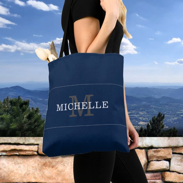 Elegant Blue Silver Monogram Name Personalised Tote Bag (Creator Uploaded)