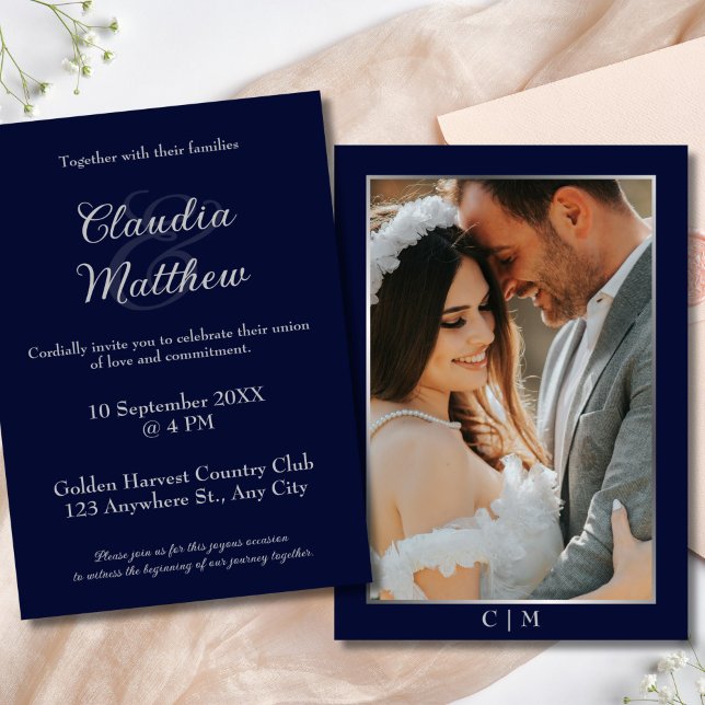 Elegant Blue & Silver Script Photo Wedding Invitation (Elegant Blue & Silver Script Photo Wedding Invitation)