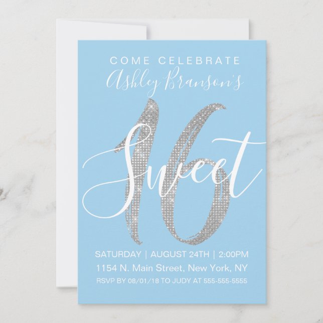 Elegant Blue Silver Sequin Glitter Sweet 16 Invitation (Front)