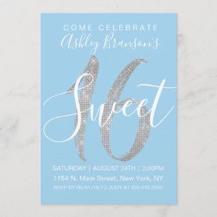 Elegant Blue Silver Sequin Glitter Sweet 16 Invitation