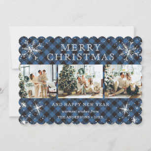 Elegant Blue Silver Snowflake 3 Photo Collage Holiday Card