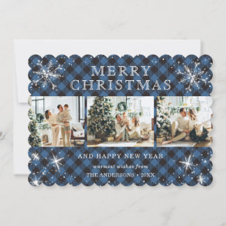Elegant Blue Silver Snowflake 3 Photo Collage Holiday Card