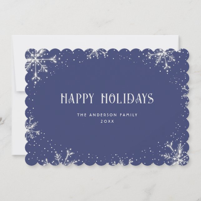 Elegant Blue Silver Snowflake Happy Holidays Card (Front)