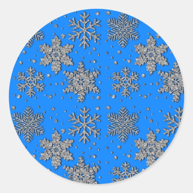 Elegant blue silver snowflakes classic round sticker (Front)
