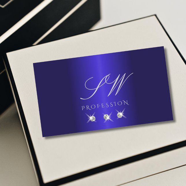Elegant Blue Silver Sparkling Diamonds Monogram Business Card (Creator Uploaded)