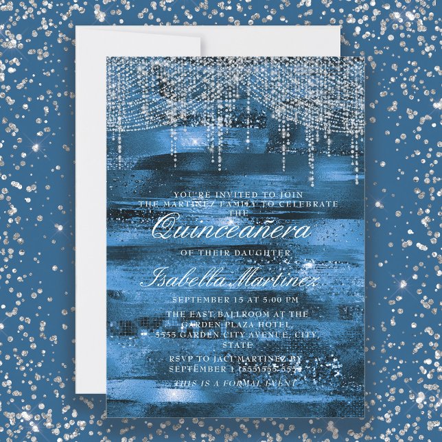 Elegant Blue Silver String Lights Quinceañera Invitation (Elegant blue and silver string lights and glitter Quinceañera invitation)