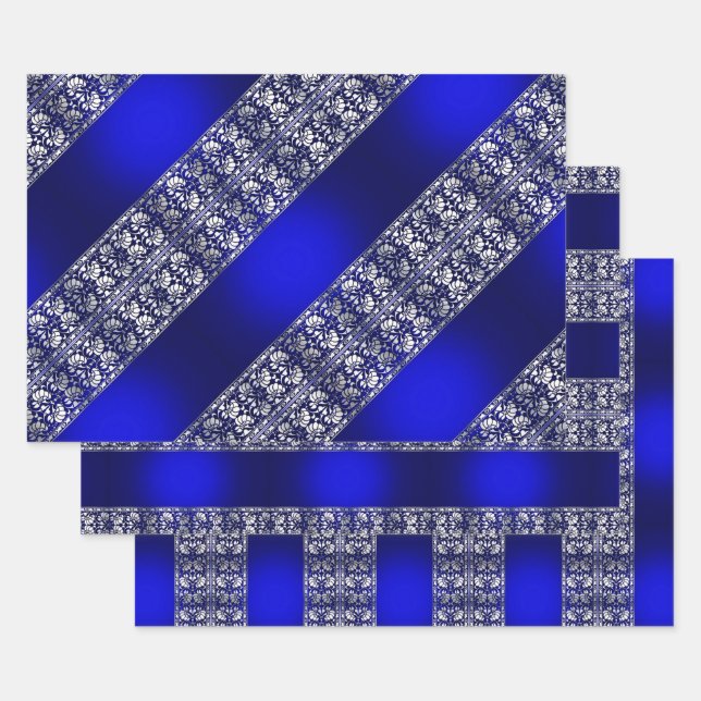 Elegant Blue & Silver Stripe Patterns Wrapping Paper Sheet (Set)